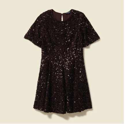 Robe manches courtes à sequins marron femme